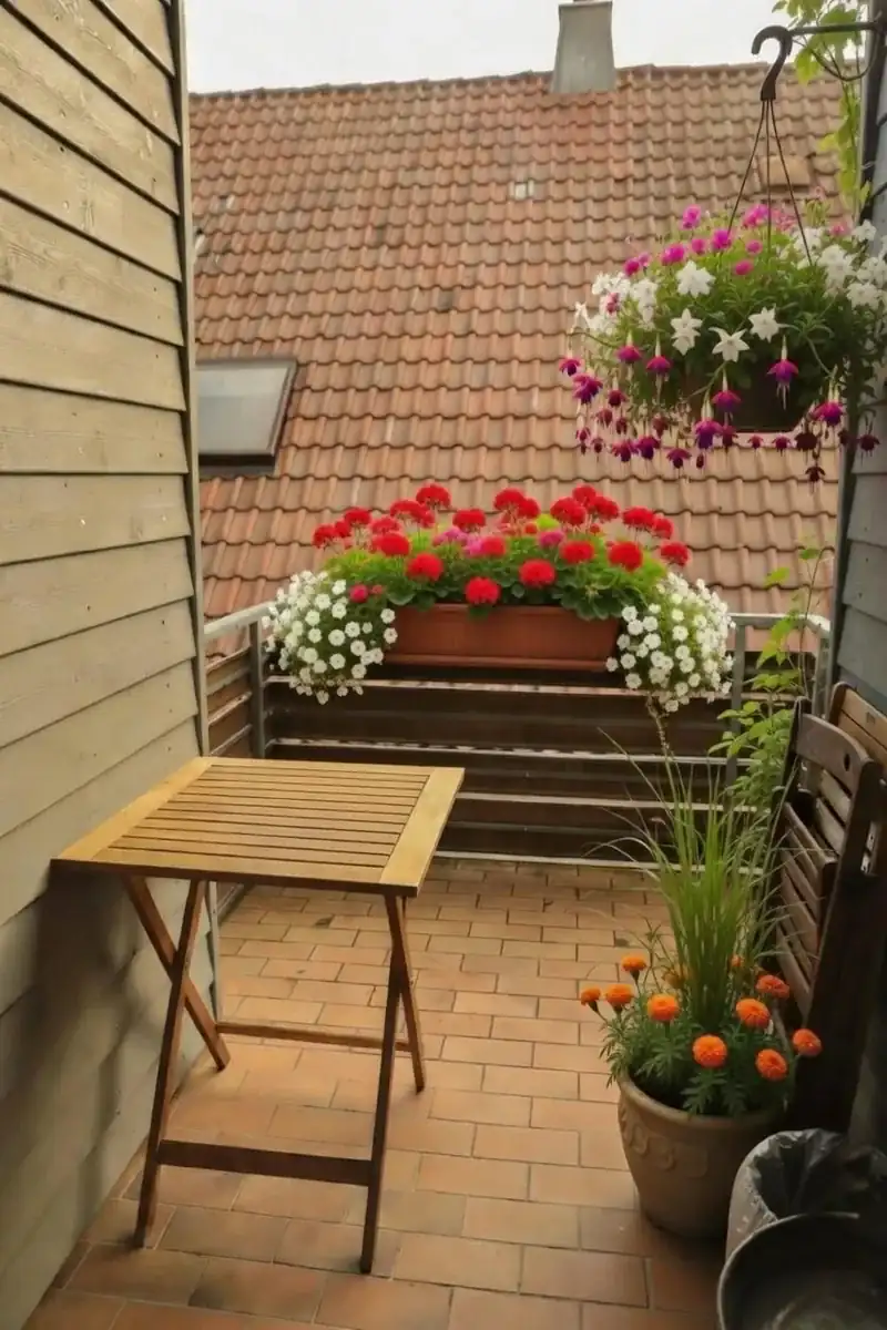 Blumengeschmückter Balkon mit Holztisch